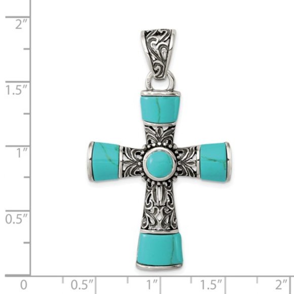 925 Sterling Silver Large Chunky Synthetic Turquoise Antiqued Cross Pendant - Picture 3 of 7